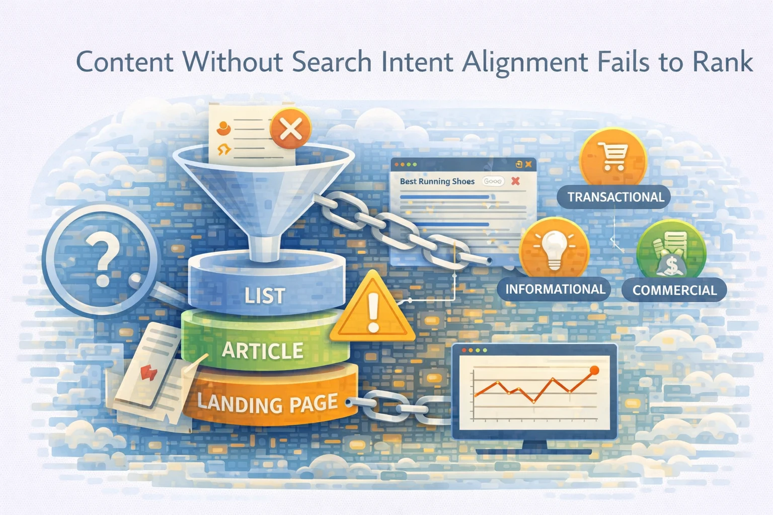 Flat illustration showing content misalignment with search intent affecting SEO rankings.