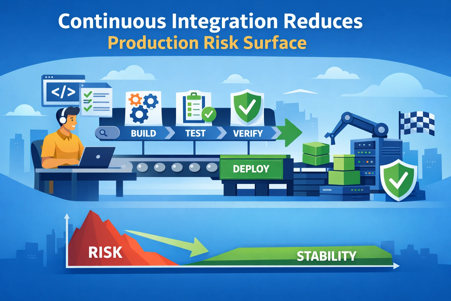 CI pipeline structure reducing production risk surface illustration