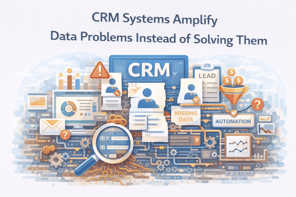 Flat illustration showing CRM system managing fragmented customer data and marketing insights.