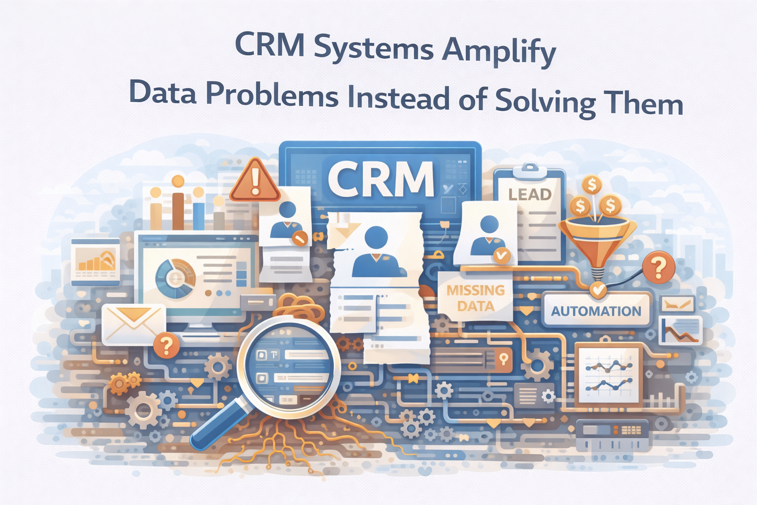 Flat illustration showing CRM system managing fragmented customer data and marketing insights.
