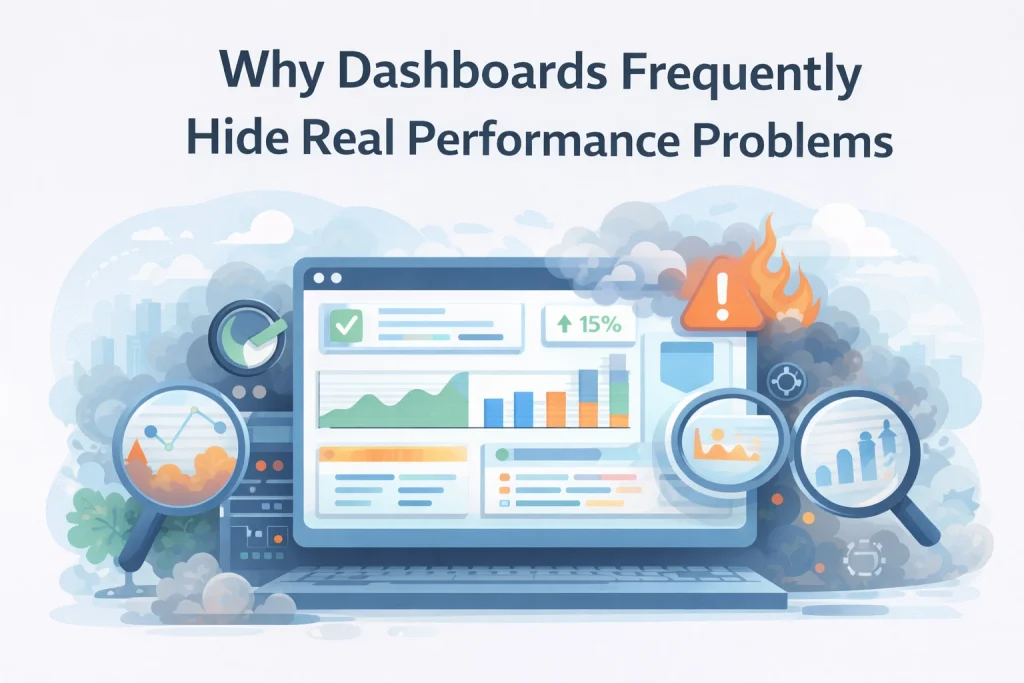 Flat illustration showing marketing analytics dashboard hiding underlying performance issues.