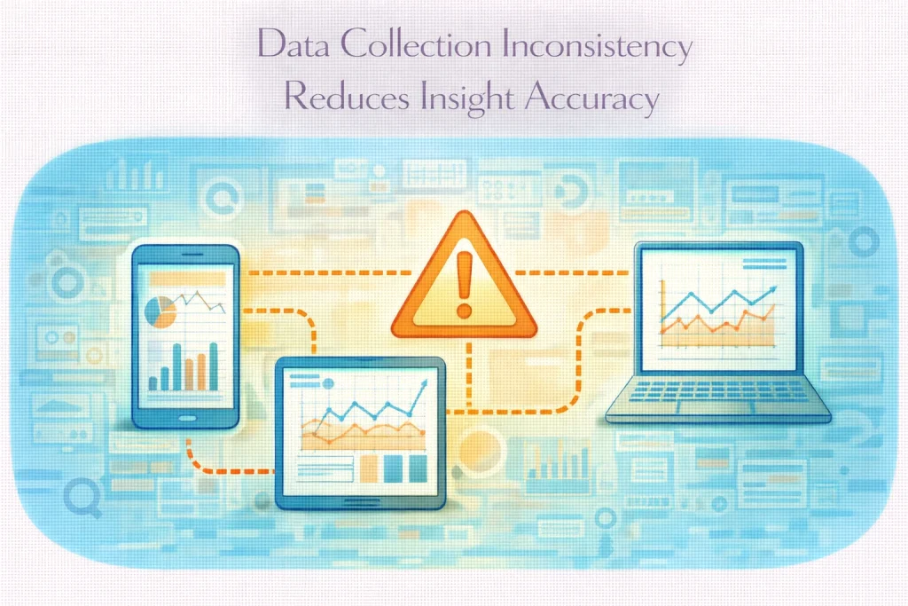 Flat illustration showing inconsistent analytics tracking reducing insight accuracy.
