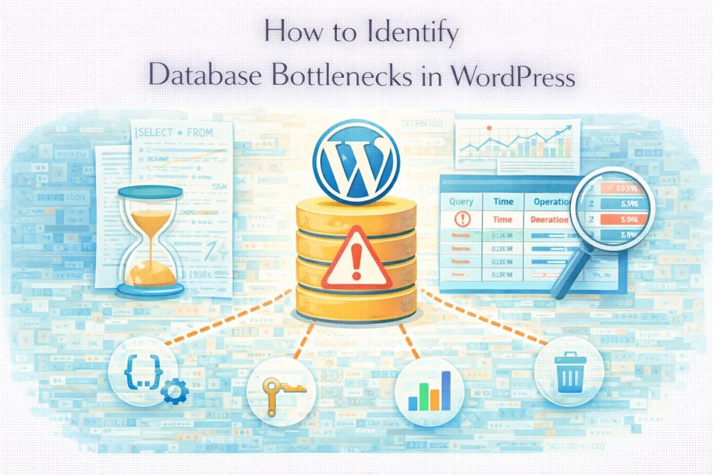 Flat illustration showing WordPress database bottleneck detection and optimization process.