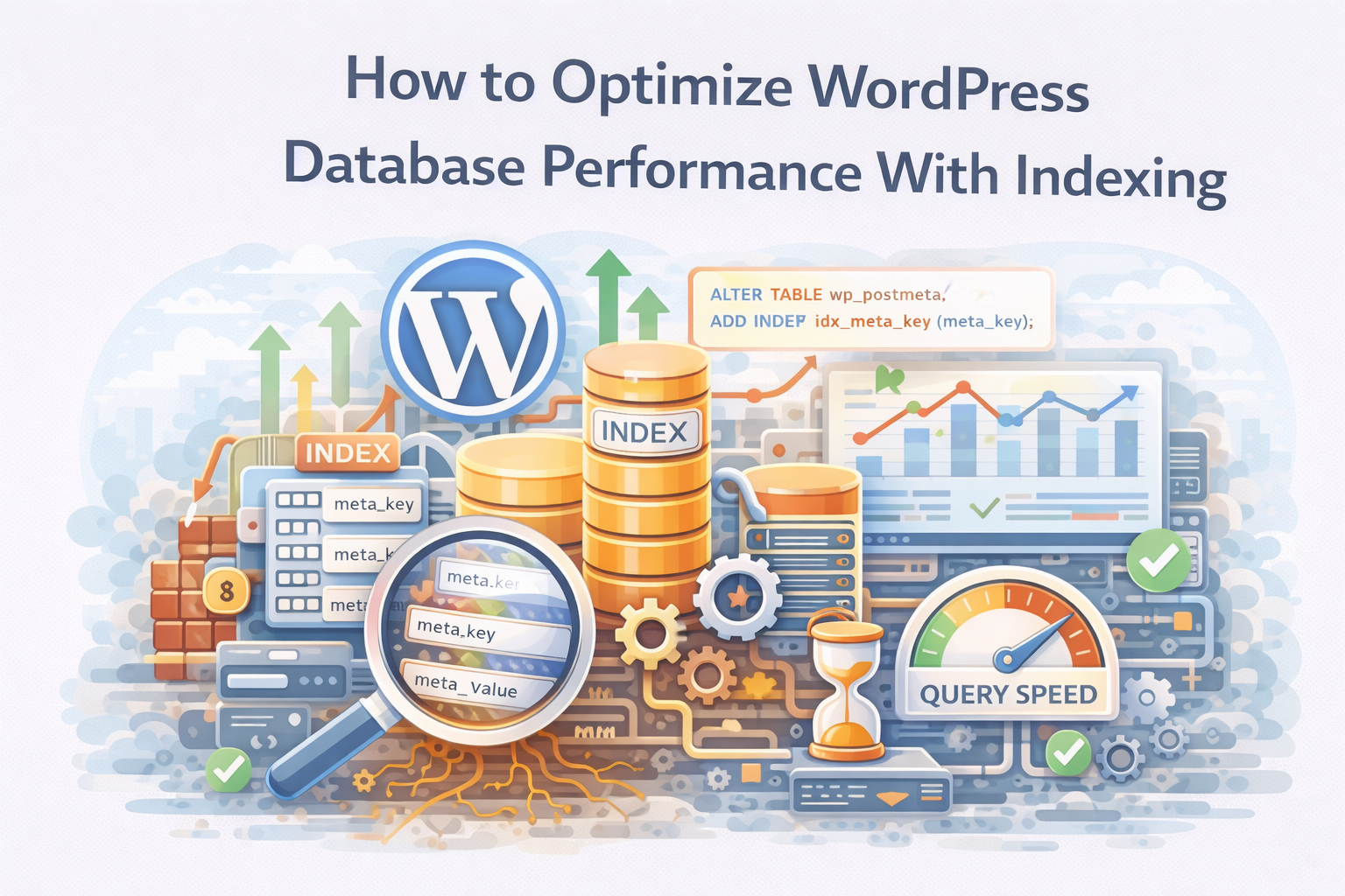 Flat illustration showing WordPress database indexing improving query performance.