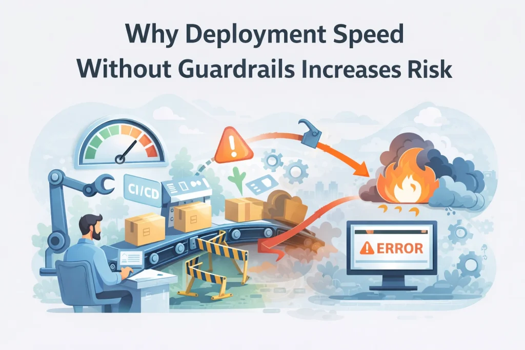 Flat illustration showing fast CI/CD deployment pipeline without guardrails leading to production risk.