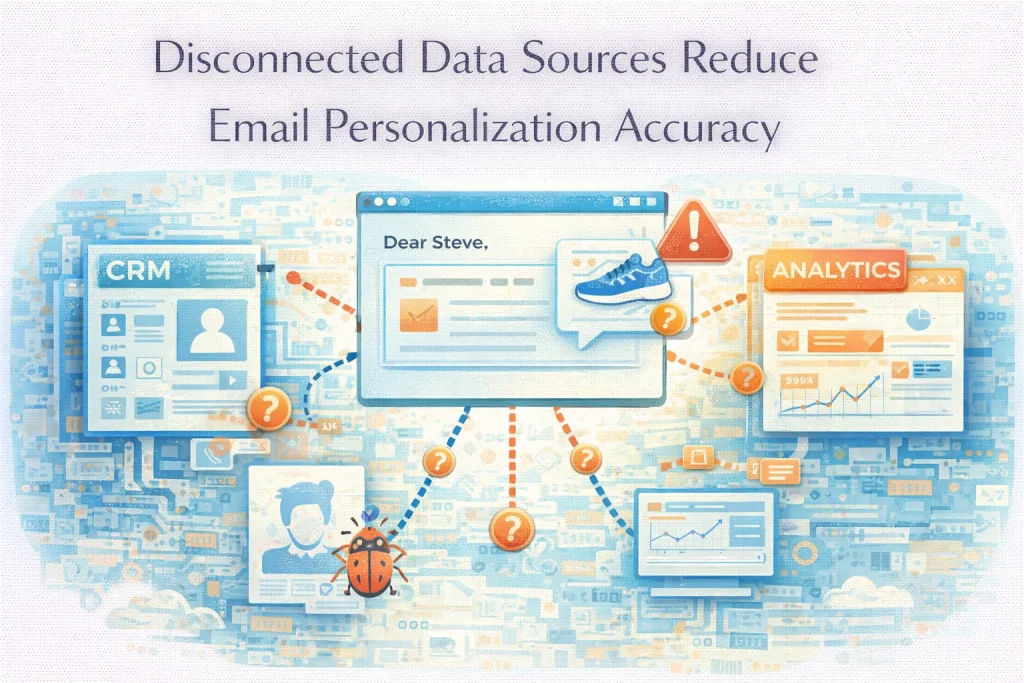 Flat illustration showing disconnected data sources reducing email personalization accuracy.
