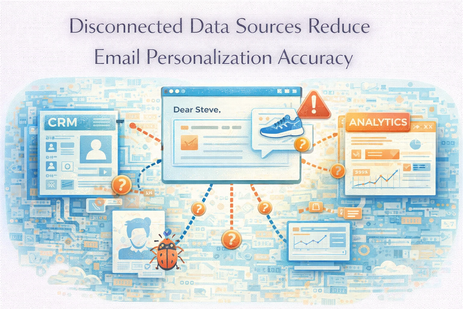 Flat illustration showing disconnected data sources reducing email personalization accuracy.