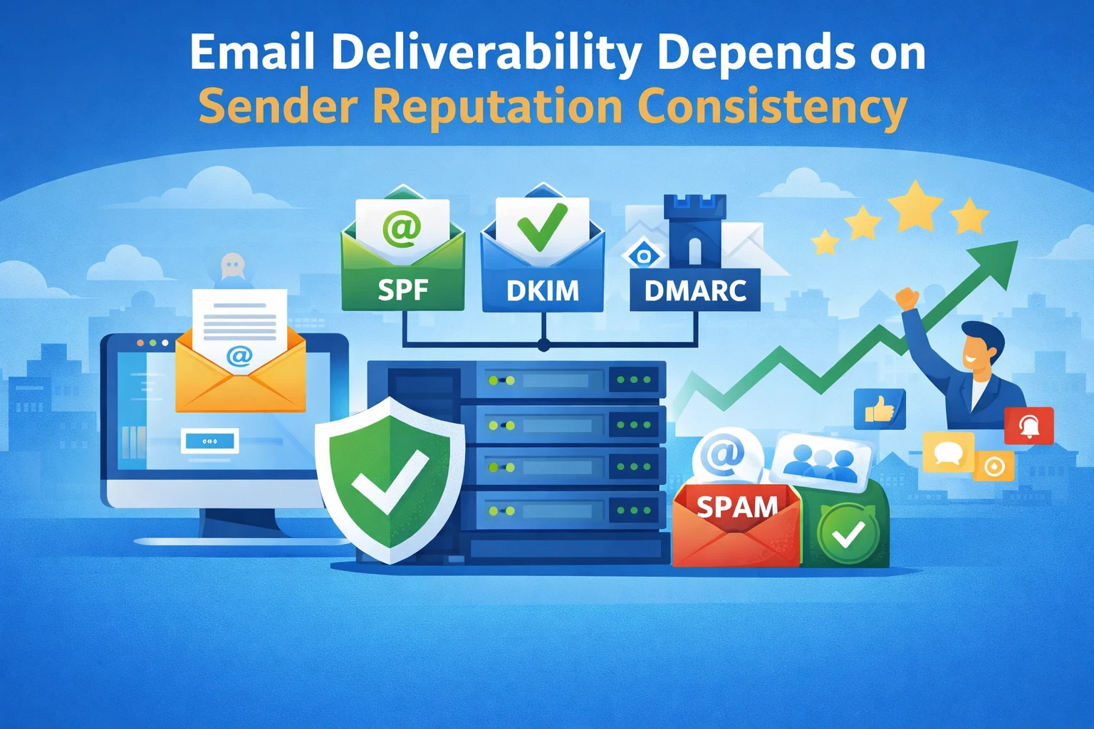 Email infrastructure illustration showing sender reputation stability