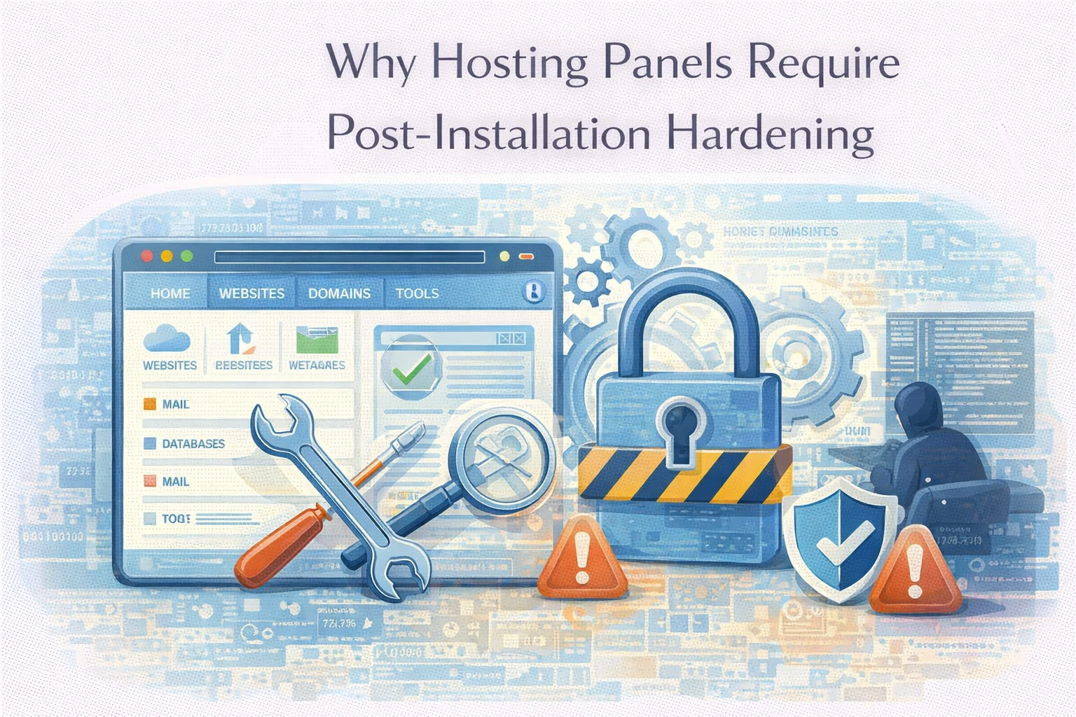 Flat illustration showing hosting control panel configuration being hardened for improved server security.