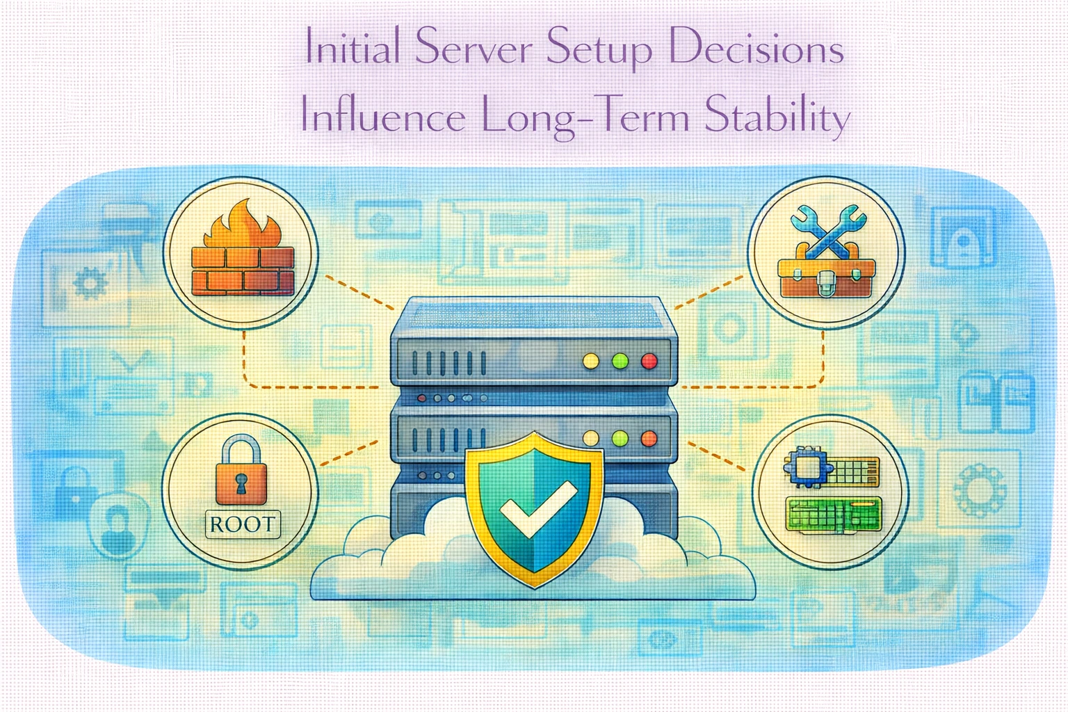 Flat illustration showing server baseline configuration influencing infrastructure stability.