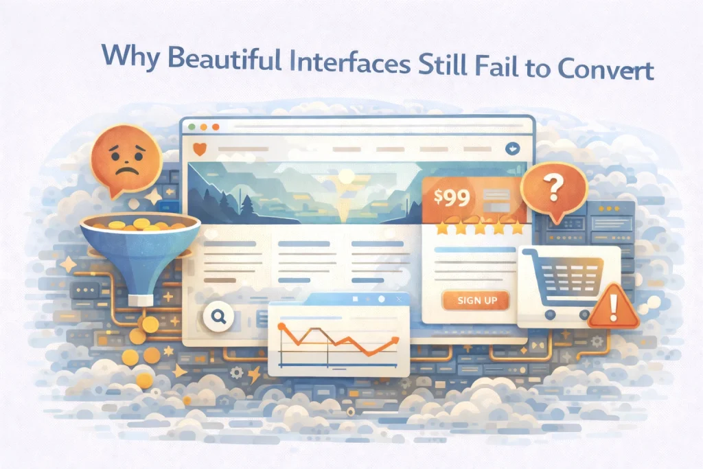 Flat illustration showing a beautiful website interface with low conversion indicators.