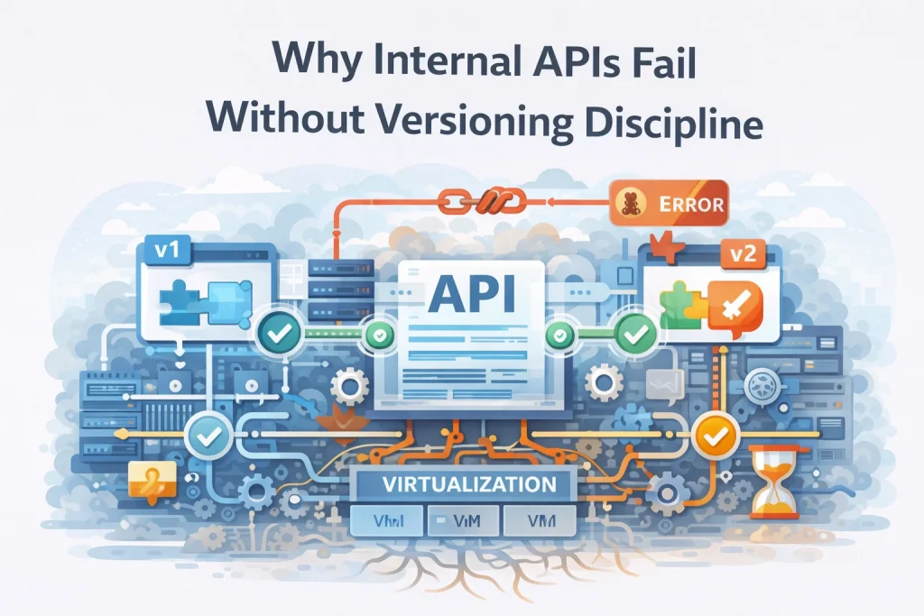 Flat illustration showing API versioning preventing integration failures across connected systems.