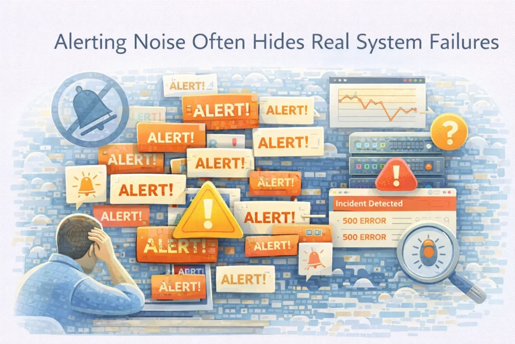 Flat illustration showing excessive monitoring alerts hiding real system failures.