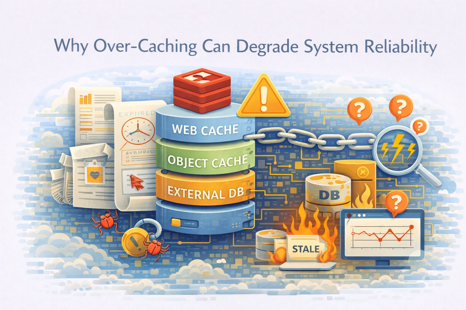 Flat illustration showing caching layers causing stale data and system inconsistency.