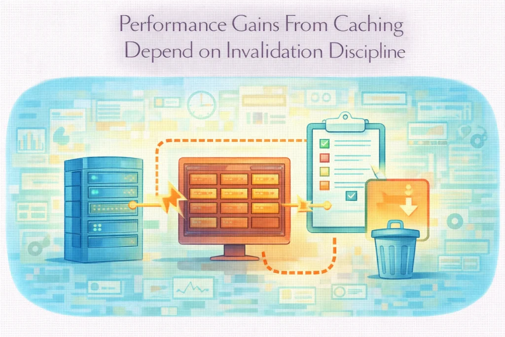 Flat illustration showing cache invalidation strategy improving system performance stability.