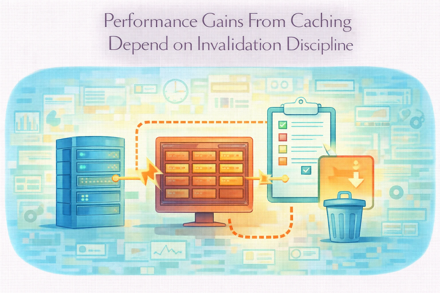 Flat illustration showing cache invalidation strategy improving system performance stability.