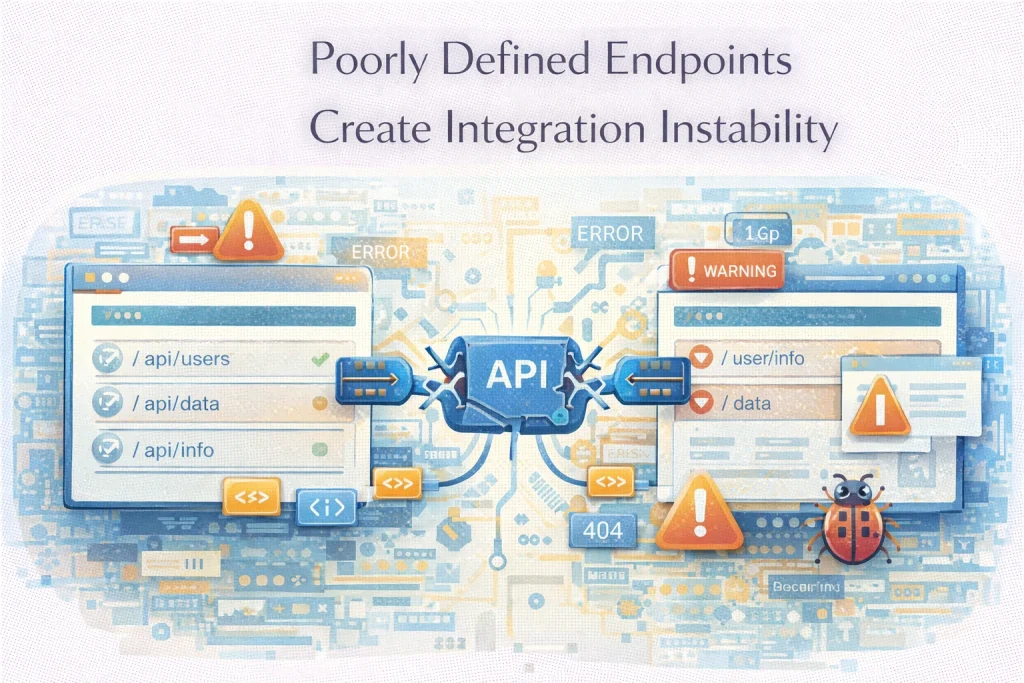 Flat illustration showing unstable API endpoints causing integration errors between systems.