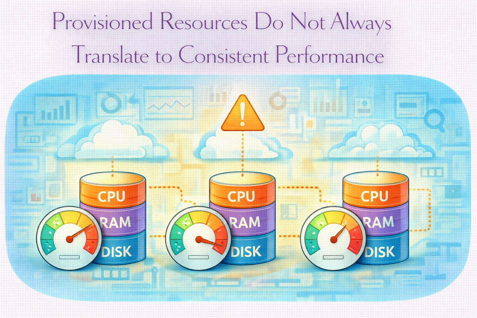 Flat illustration showing VPS resource allocation with variable performance behavior.