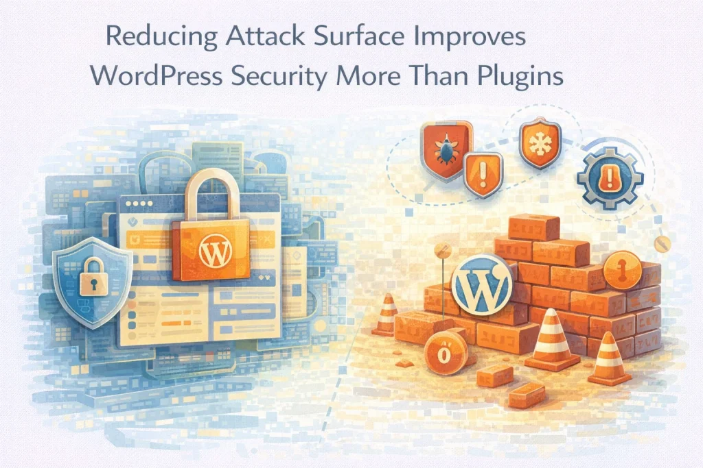 Flat illustration showing reduced WordPress attack surface improving security stability.