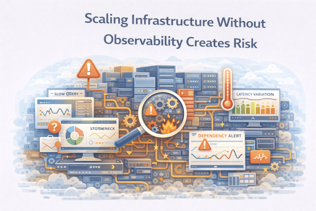 Flat illustration showing infrastructure scaling with monitoring and observability systems revealing performance bottlenecks.