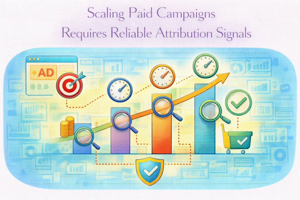 Flat illustration showing attribution signals influencing paid campaign scaling accuracy.