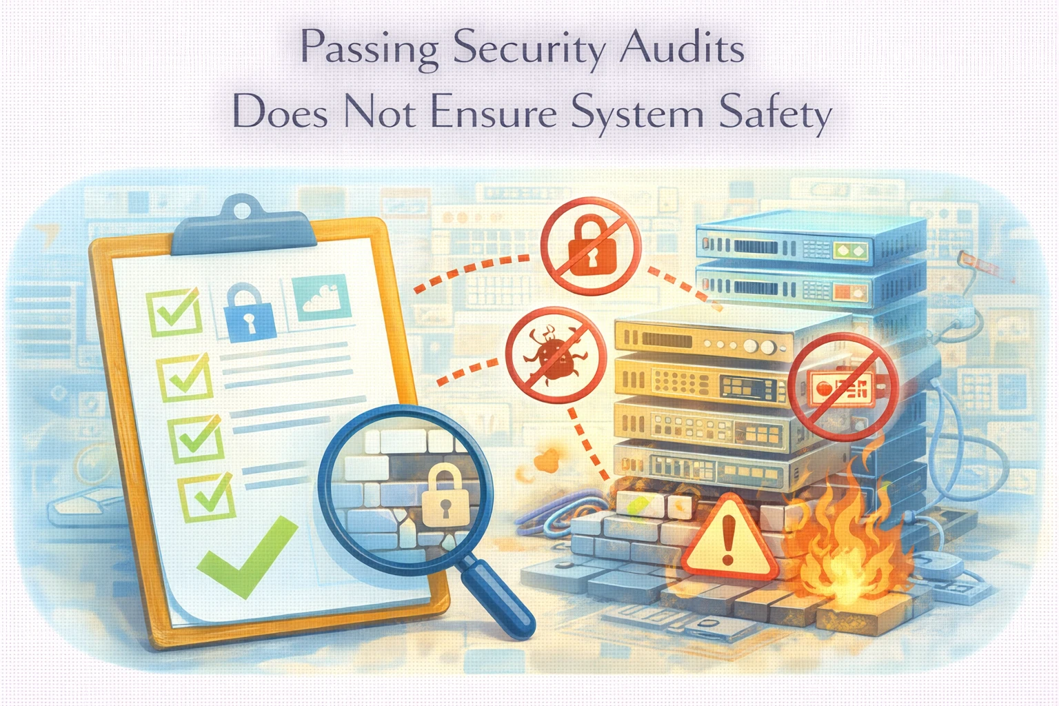 Flat illustration showing security audit checklist failing to detect underlying infrastructure vulnerabilities.
