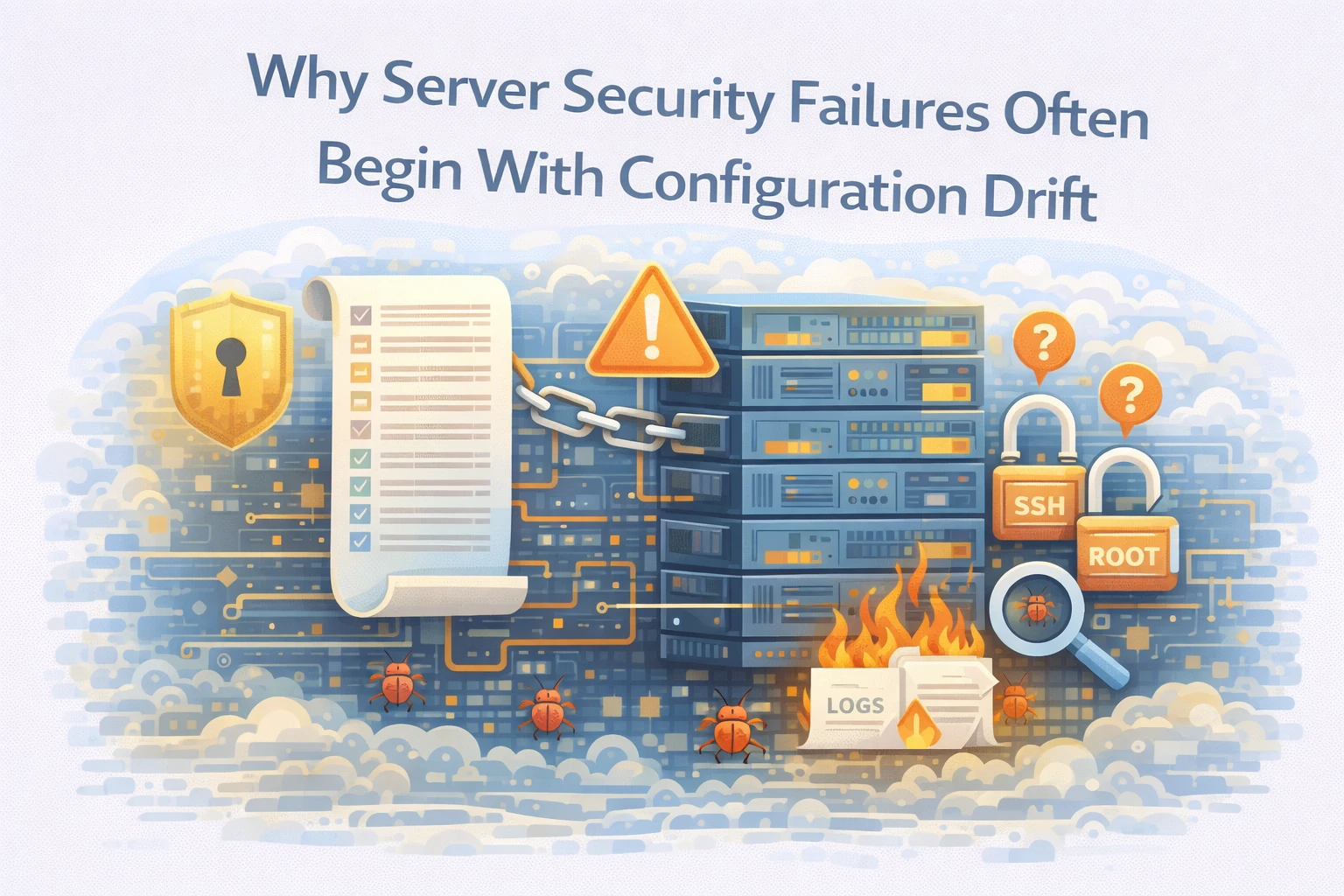 Flat illustration showing server configuration drift creating security vulnerabilities in hosting infrastructure.