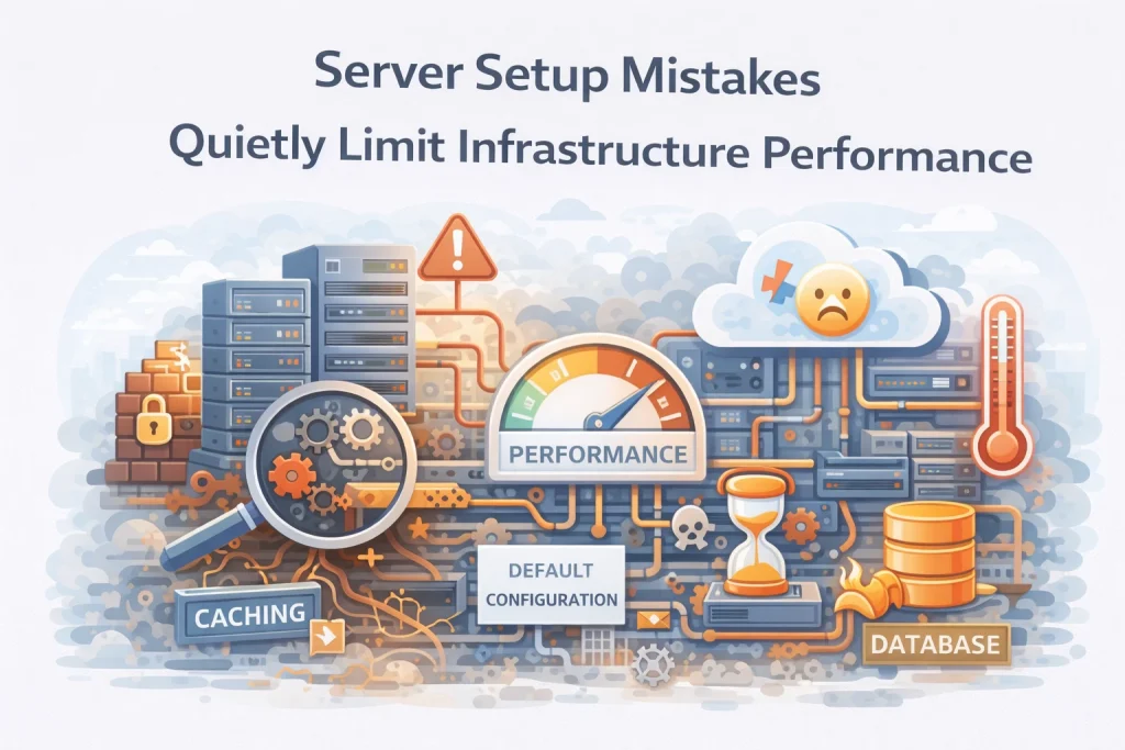 Flat illustration showing server setup configuration affecting infrastructure performance.