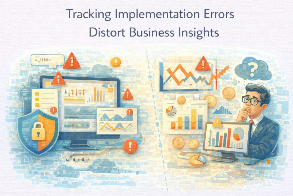 Flat illustration showing analytics tracking errors distorting business insights.