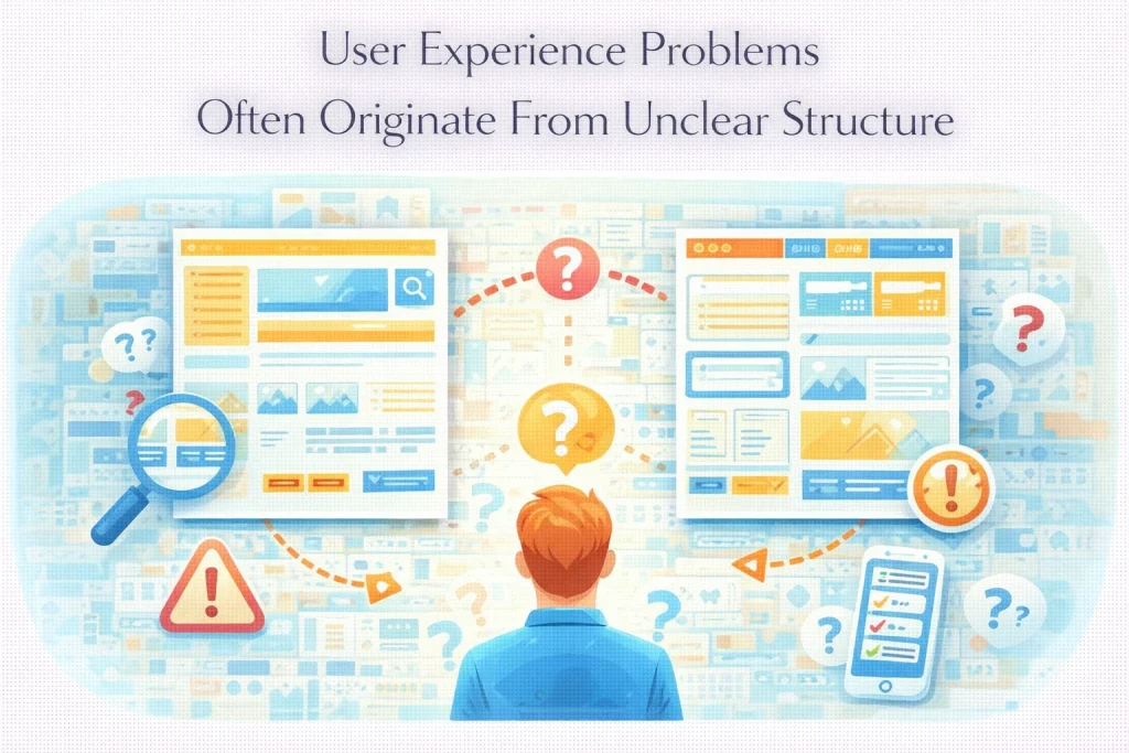 Flat illustration showing unclear UX structure causing user navigation confusion.