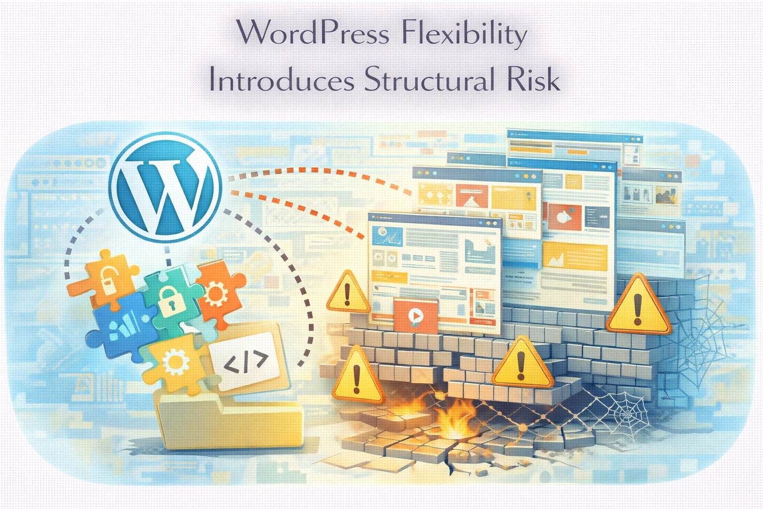 Flat illustration showing WordPress flexibility introducing structural complexity and risk.