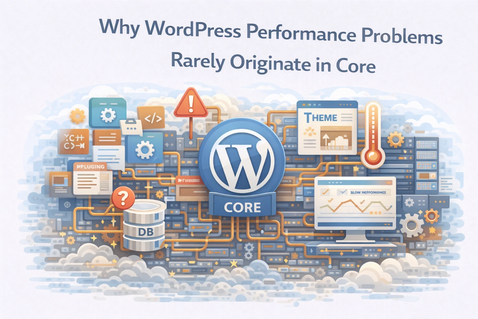 Flat illustration showing WordPress core surrounded by plugins, themes, and infrastructure affecting performance.