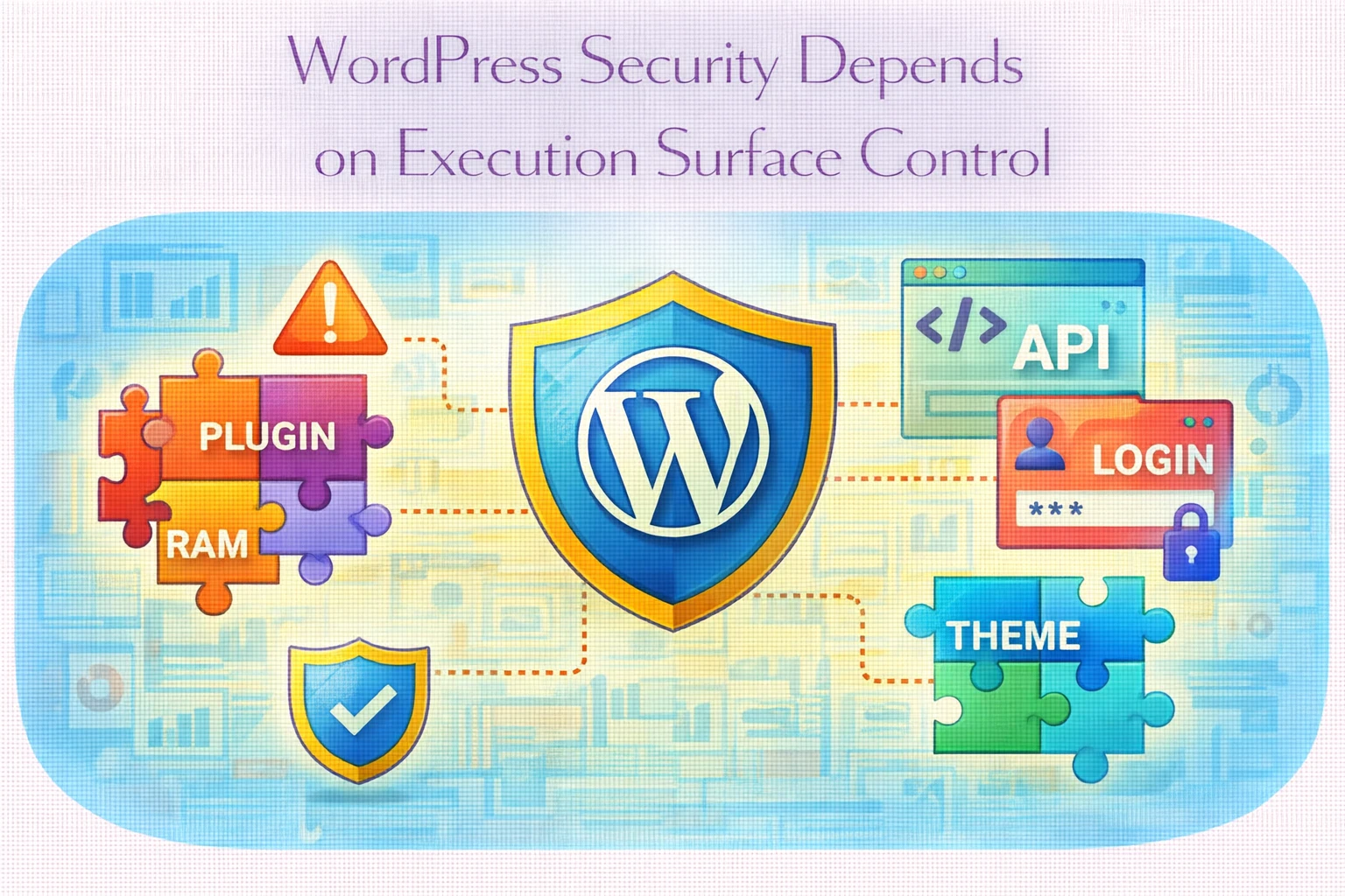 Flat illustration showing reduced WordPress execution surface improving security stability.