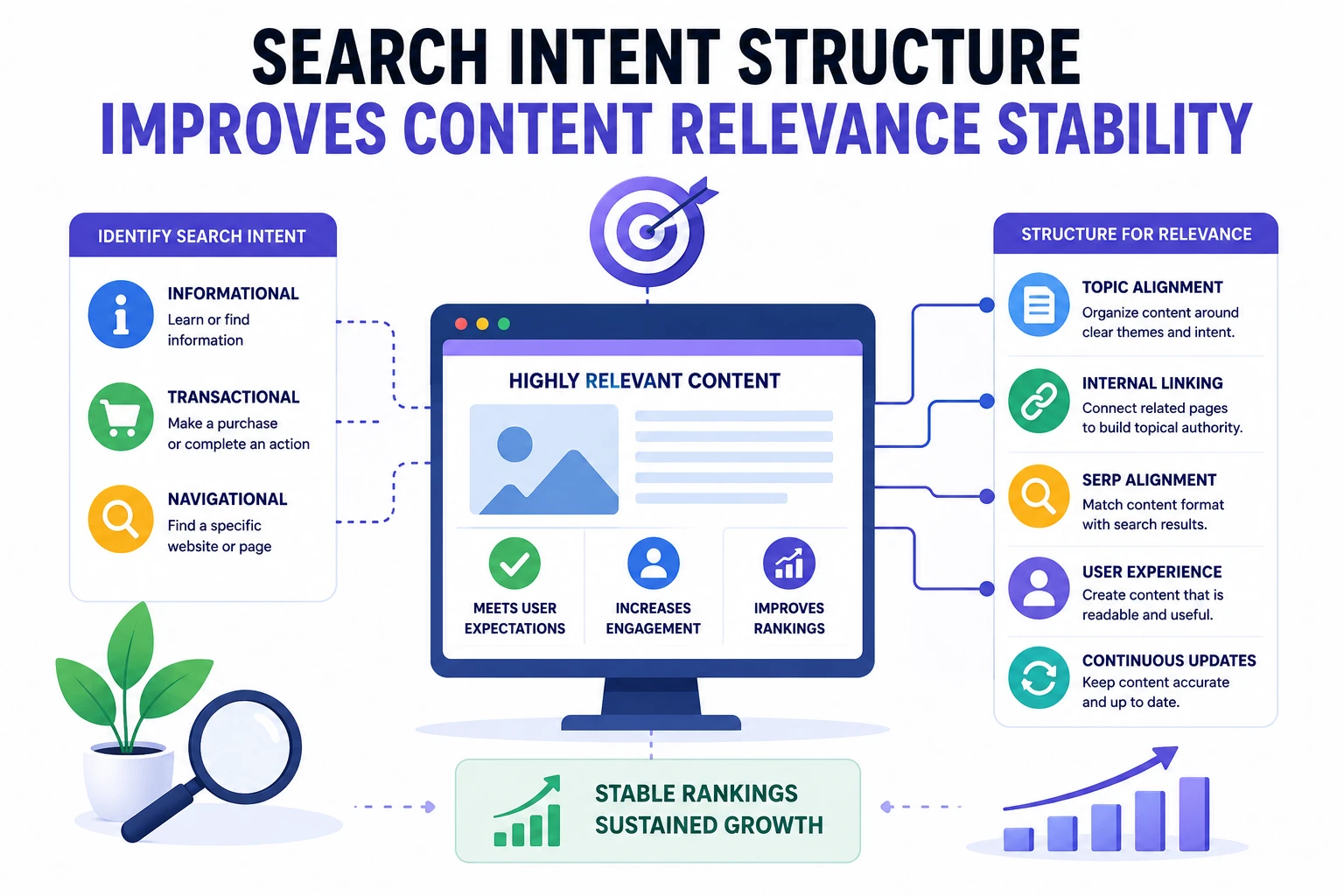 Search intent structure improving SEO relevance stability illustration