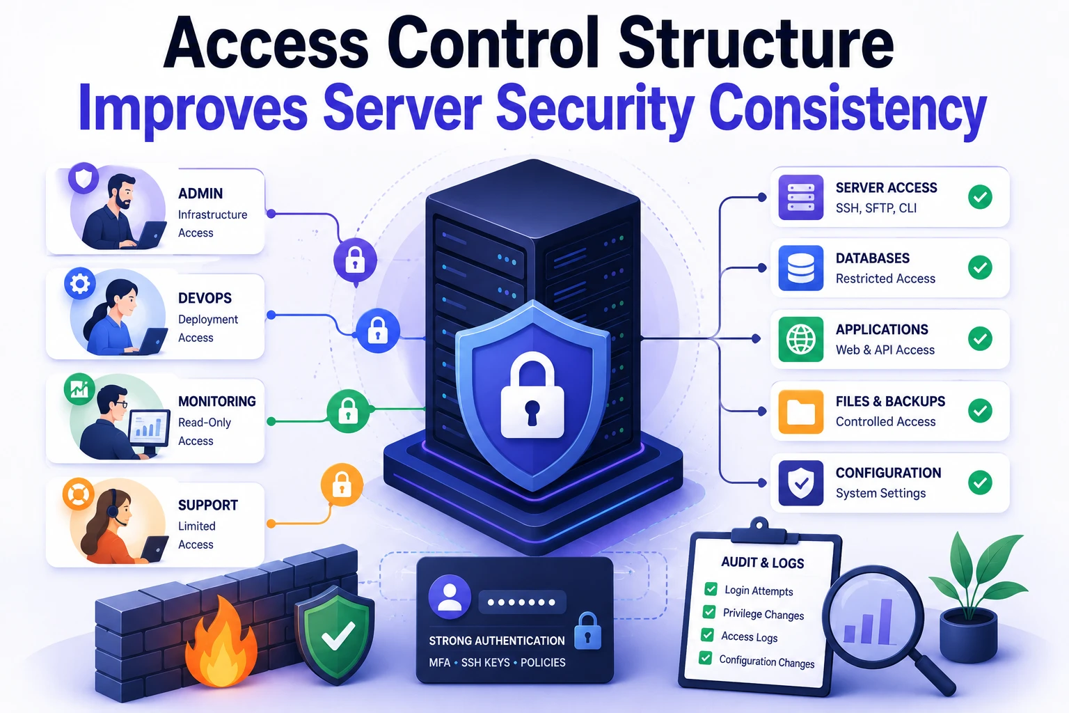 Flat editorial illustration showing layered server access control, authentication security, firewall segmentation, and infrastructure protection