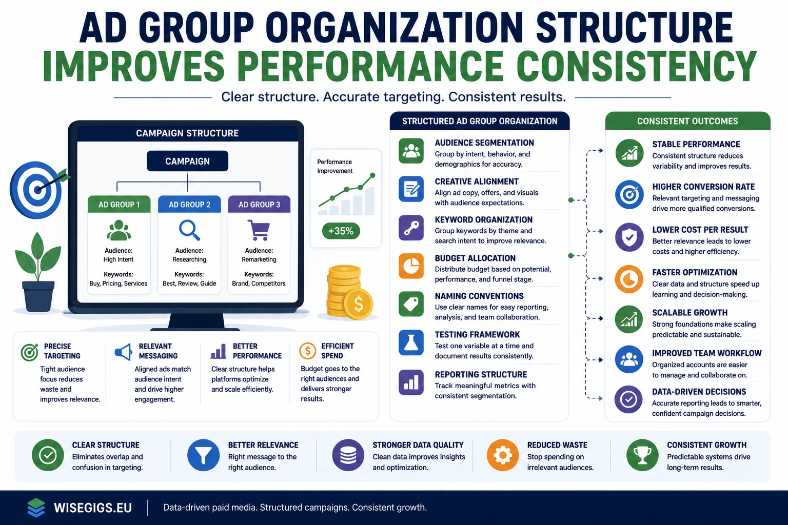 Ad group organization structure improving paid media consistency illustration