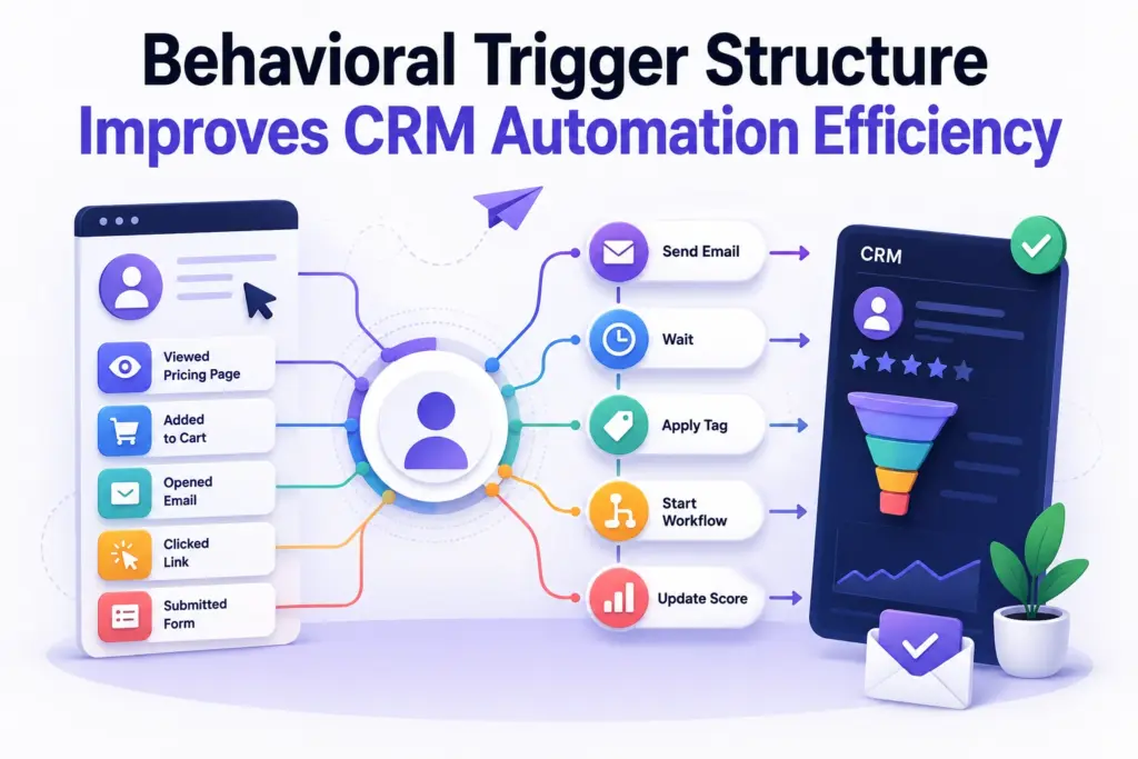 Flat illustration showing CRM behavioral triggers, automation workflows, audience segmentation, and synchronized marketing systems