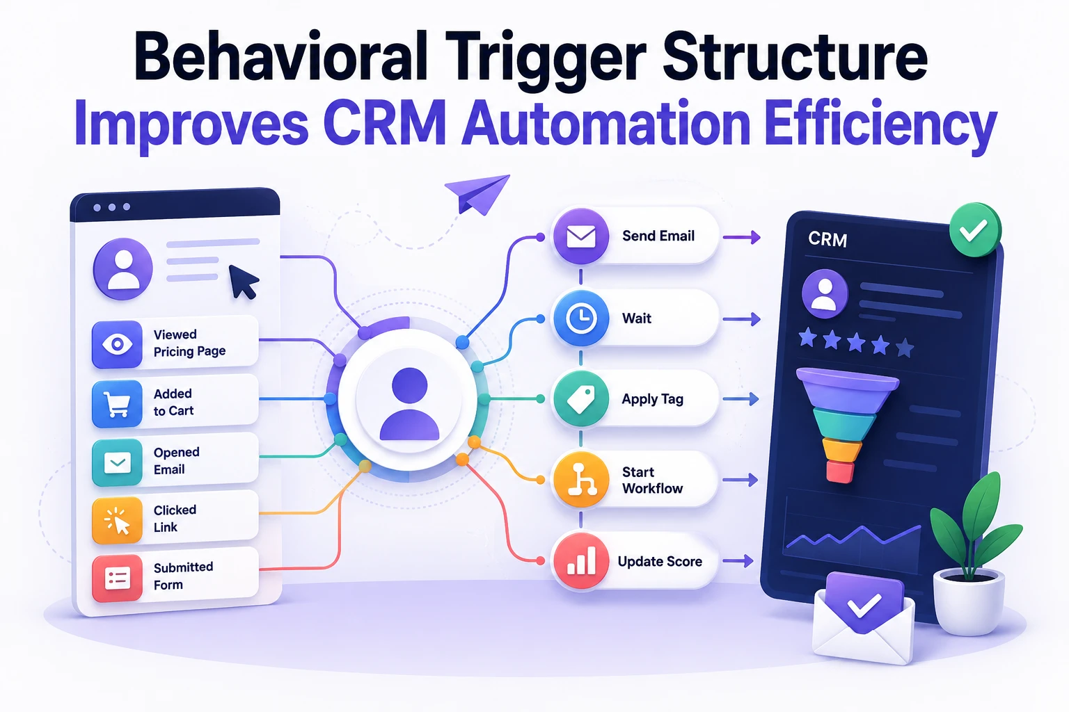 Flat illustration showing CRM behavioral triggers, automation workflows, audience segmentation, and synchronized marketing systems