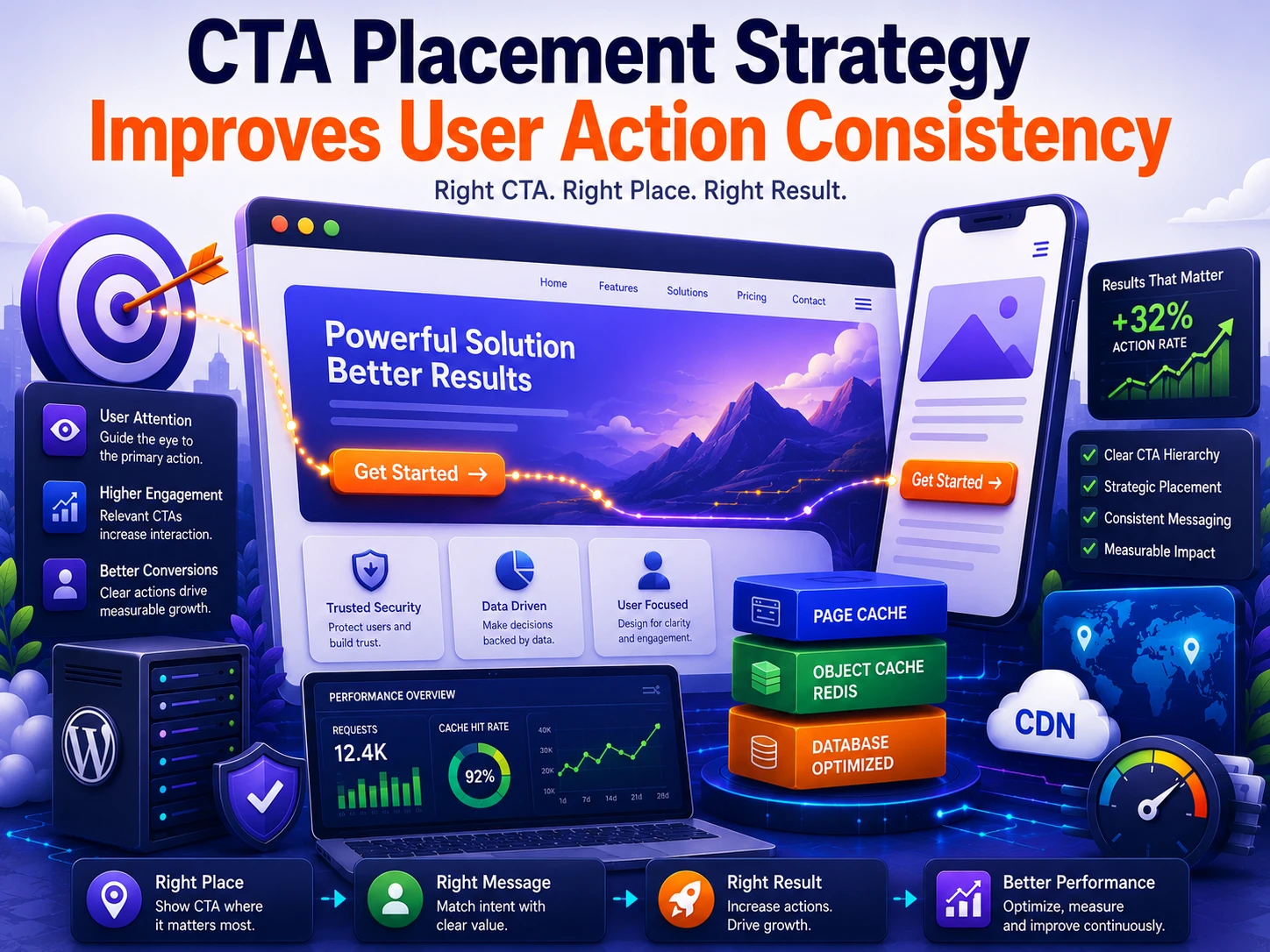 Flat editorial illustration showing structured CTA placement, user attention flow, mobile UX optimization, and conversion-focused interface hierarchy