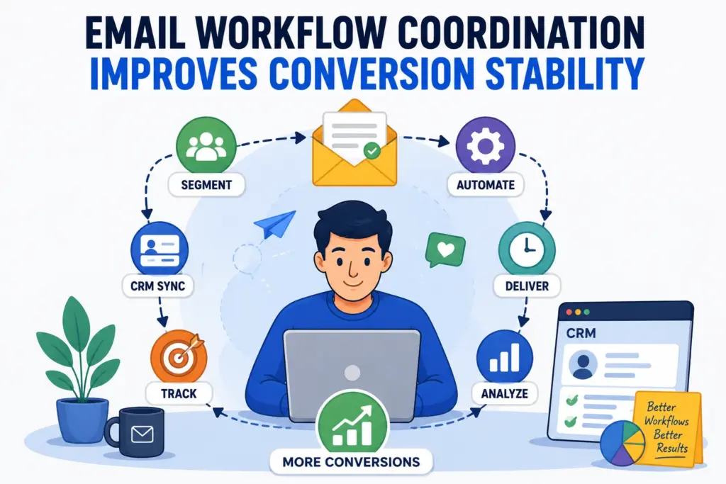 Email workflow coordination improving CRM conversion stability illustration