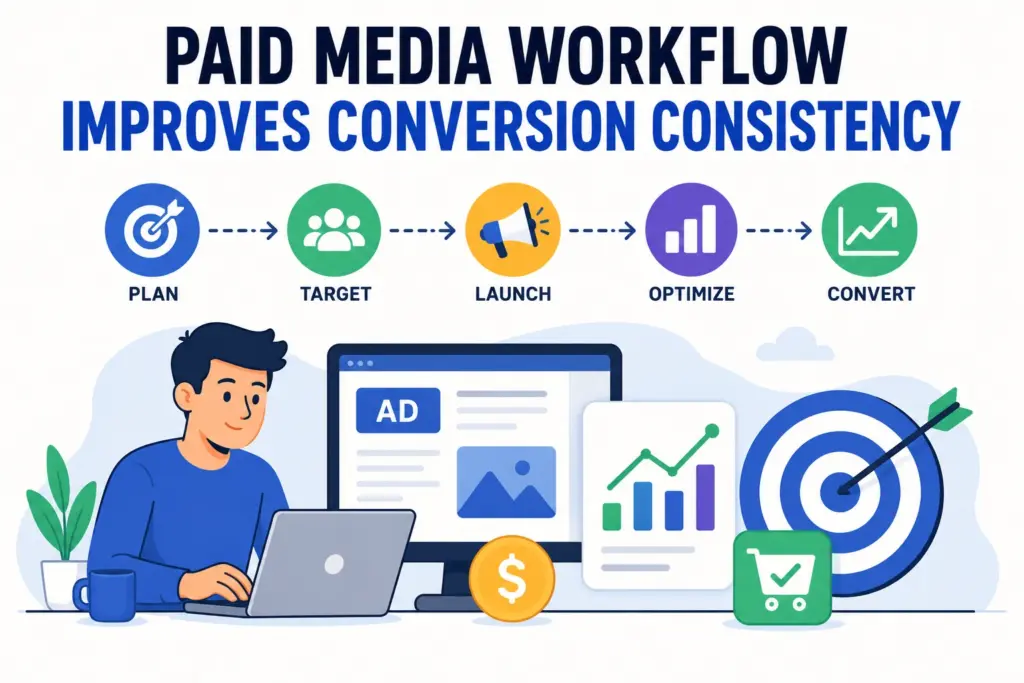 Paid media workflow improving conversion consistency illustration