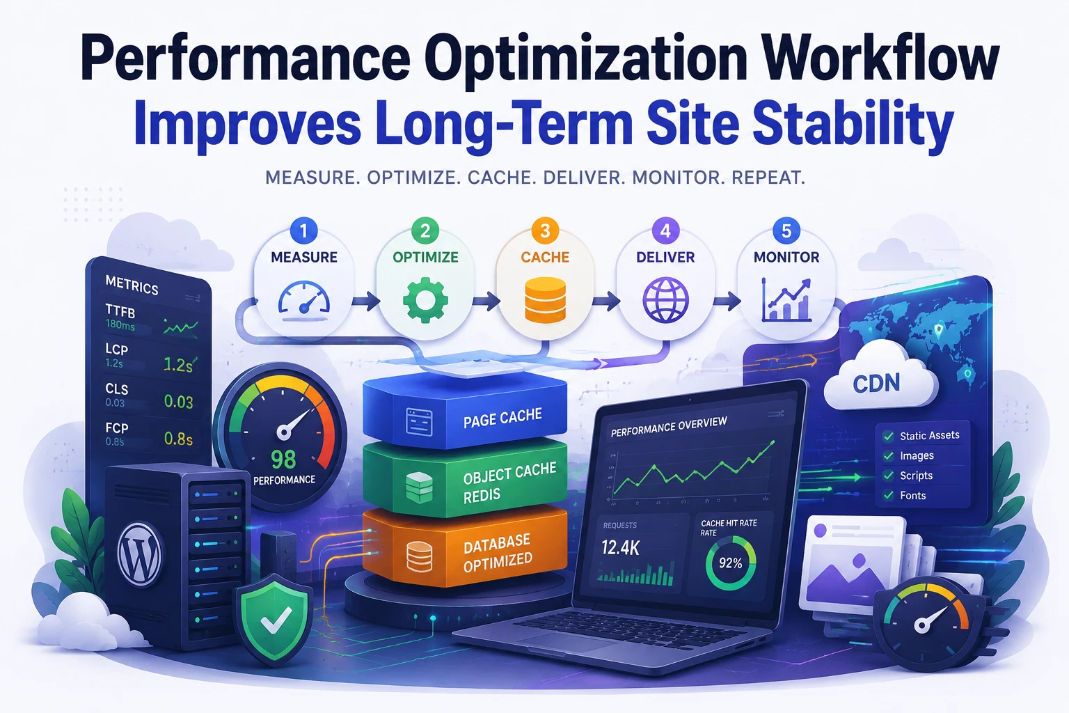 Flat illustration of layered WordPress performance optimization workflow with caching, database, and server infrastructure elements