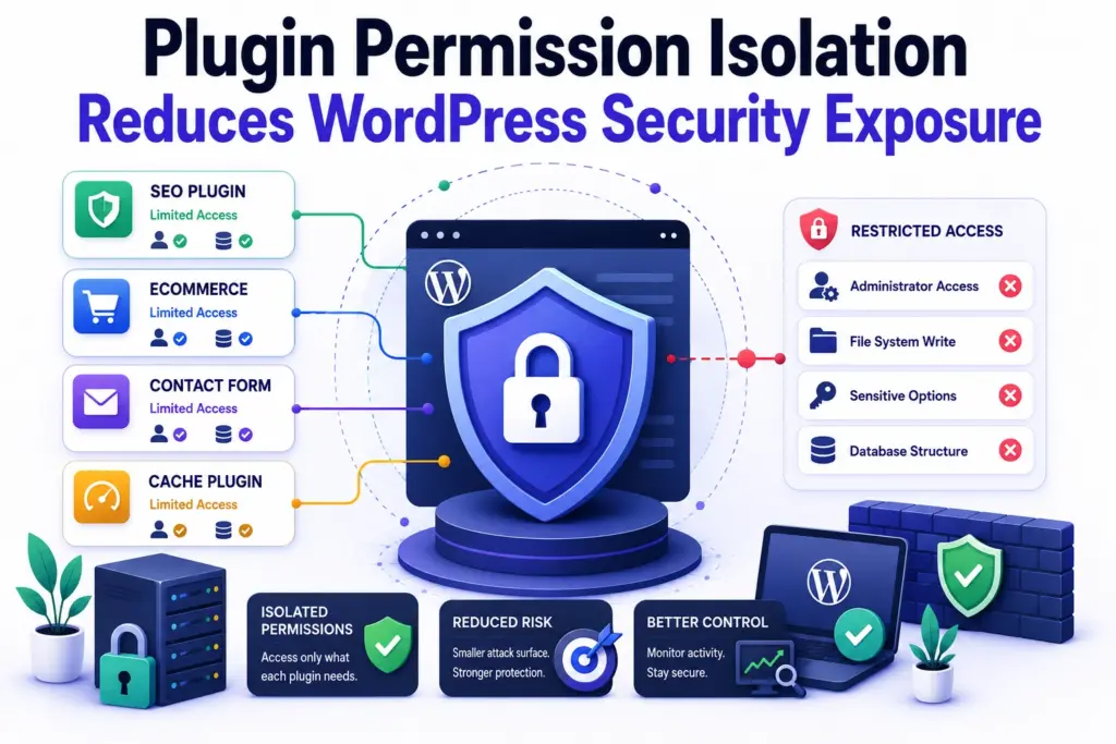 Flat editorial illustration showing isolated WordPress plugin permissions, security layers, restricted integrations, and hardened application controls