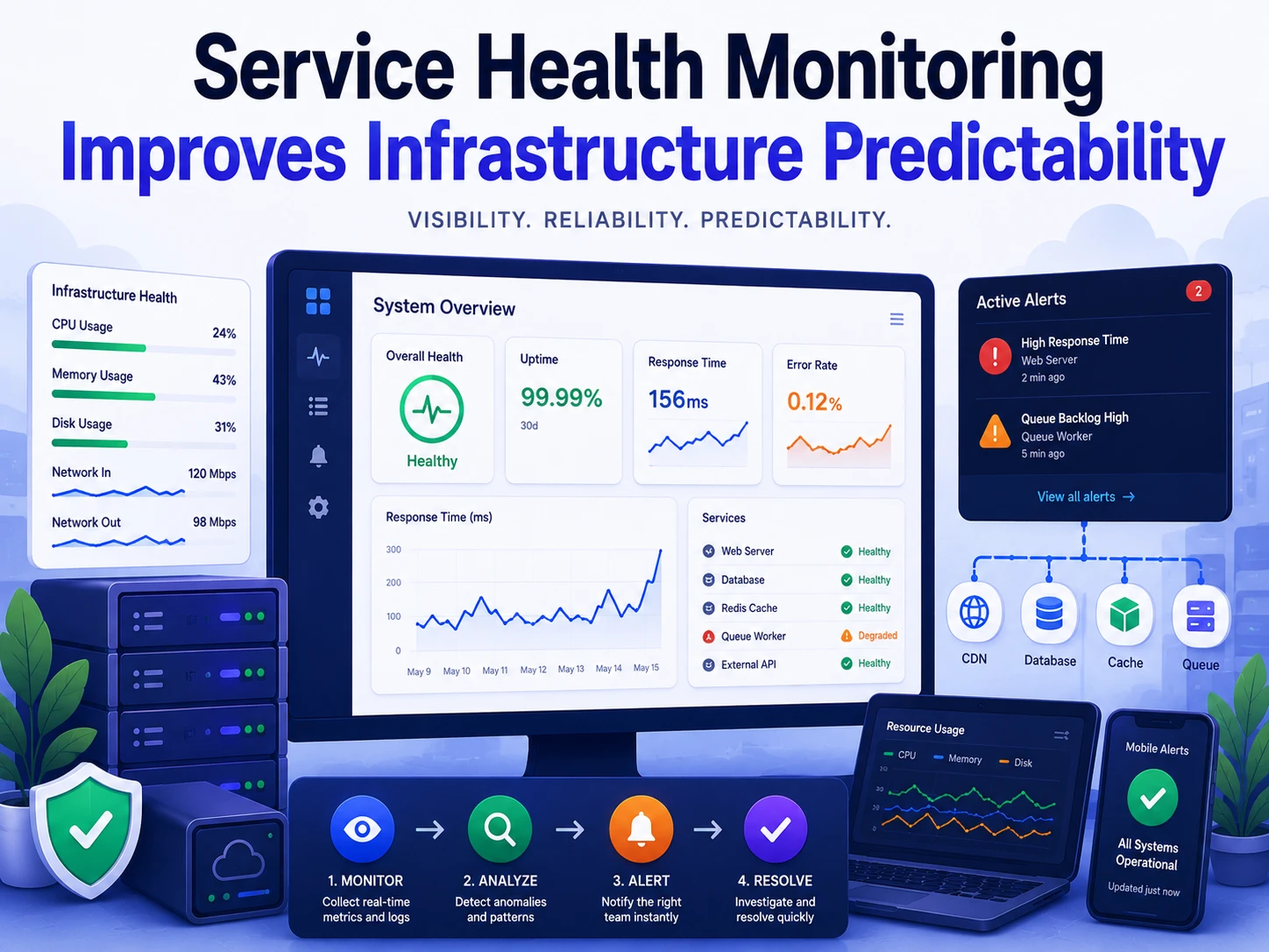 Alt text: Editorial illustration showing infrastructure monitoring dashboards, service health metrics, layered observability systems, and SRE alert workflows
