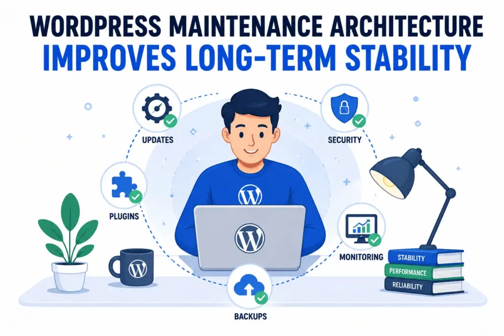 WordPress maintenance architecture improving long-term website stability illustration