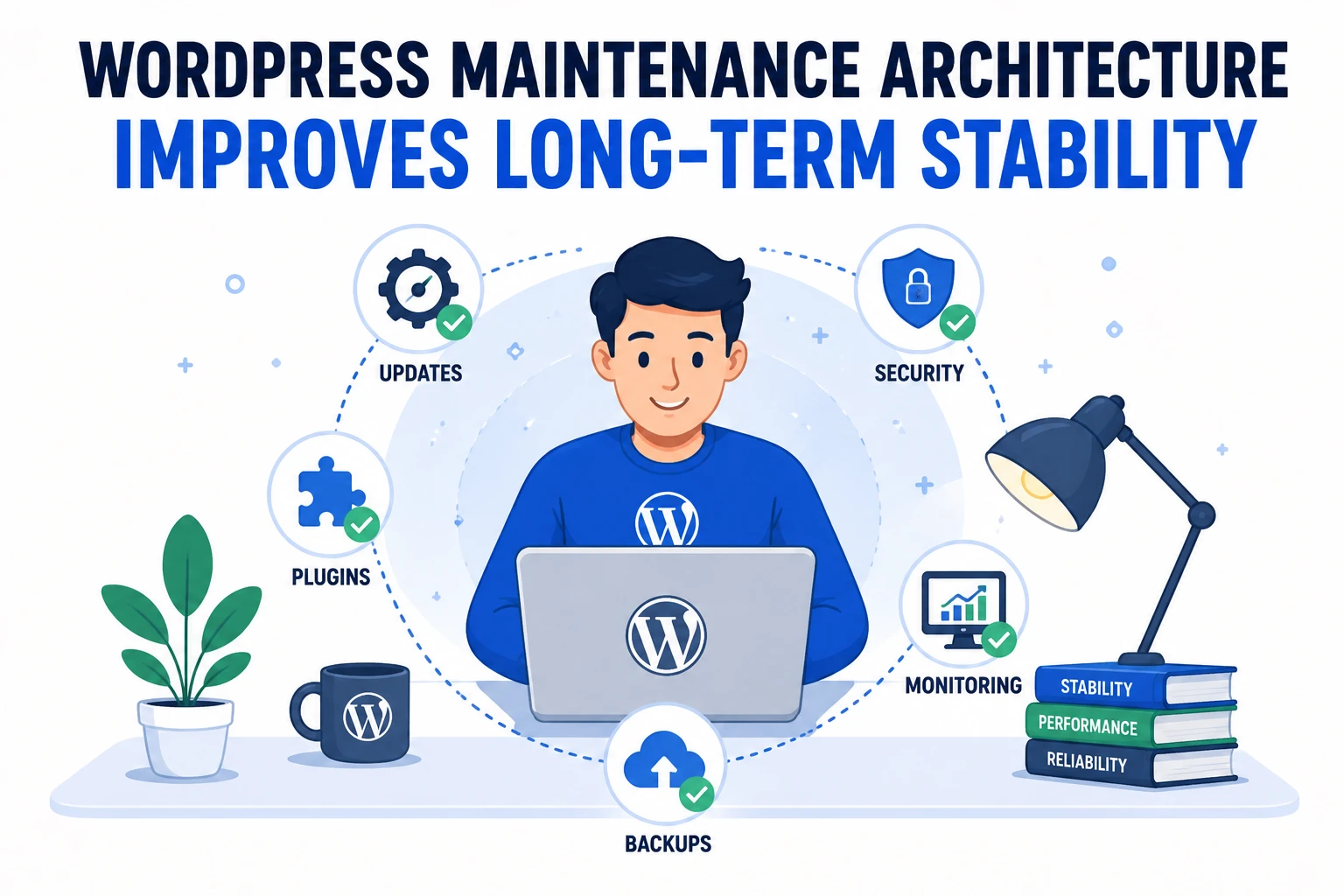 WordPress maintenance architecture improving long-term website stability illustration