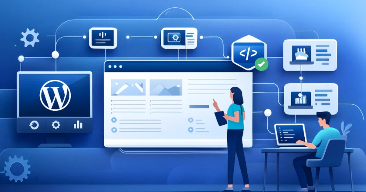 Flat illustration showing WordPress custom development, API connections, and advanced feature integration.