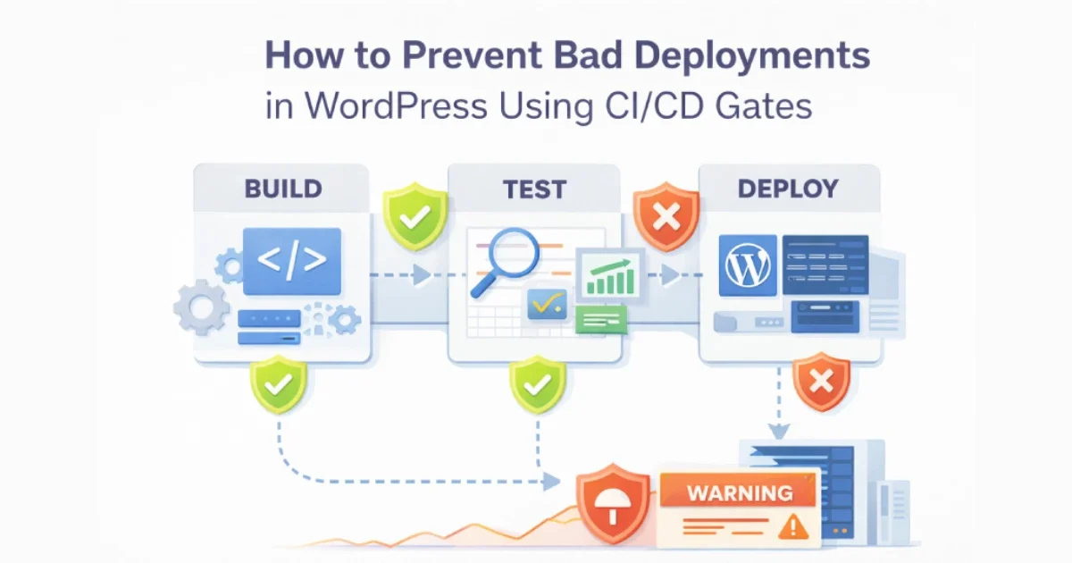 Illustration showing a CI/CD pipeline with quality gates preventing faulty WordPress deployments from reaching production.