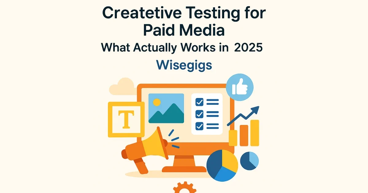 Flat illustration showing digital ad creative testing tools, analytics charts, and performance icons for paid media campaigns.