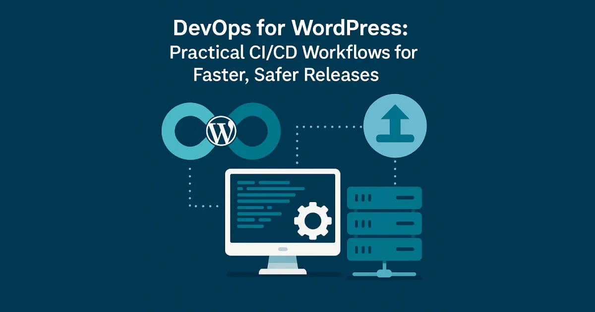 Illustration showing CI/CD workflow for WordPress development with servers and automation icons.